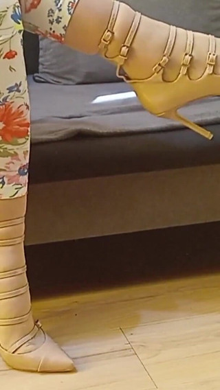 Crossdresser Dangling in Sexy Nude Pointed Toe Strappy High Heels