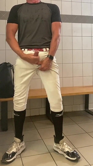 Baseball Geared up Jockdad87 Shoots His Alpha Load in the Locker Room