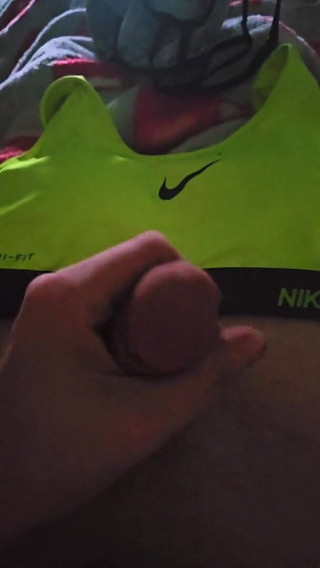 Using My Step Sis Bra to Help Me Cum in Her Green Nike Pro Sports Bra