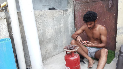Indian Boy Nude Masterbating Cum While Making His Meal on Terrace