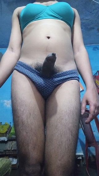 Indian Sissy Femboy Crossdresser with Phimosis Dick Jerking and Stroking While Wearing His Step Sister's Bra and Panties