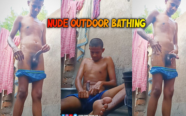 Indian boy bathing outdoor and masturbating.
