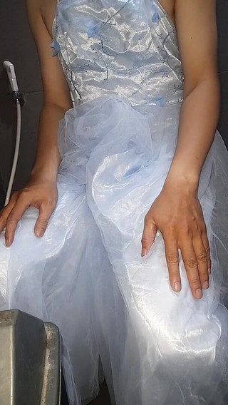 Crossdresser Cumshot Wearing Blue Bridesmaid Dress