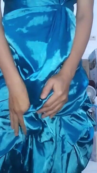 Asian Crossdresser Satin Shiny Ruffle Dress Cumshot
