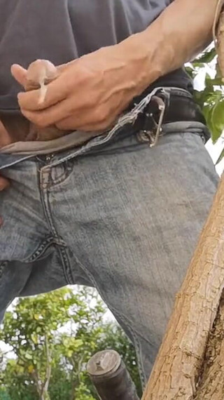 Hiding Outside Behind a Tree to Jerkoff with Huge Cumshot