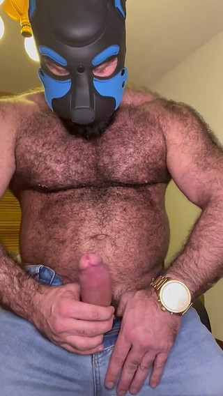 Muscle Gay Bear JOI with Mask, Big Cock, Cock Ring & Cumshot