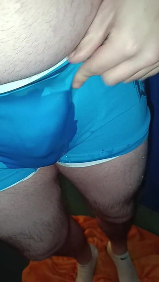Chub Boy Pissing in White and Blue Undies