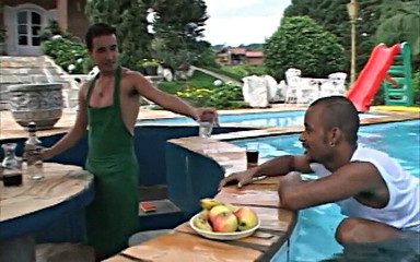 Black Fellow Jhonatan Kawa Swimming in the Pool Decided to Drink Soft Drink and Have a Quick Word with Cute Barkeeper