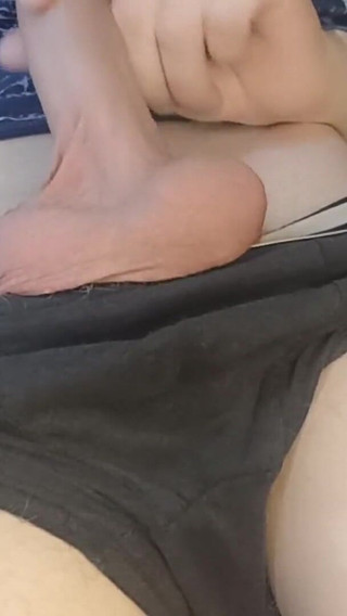 Guy Fingering His Big Dick in Gray Underpants