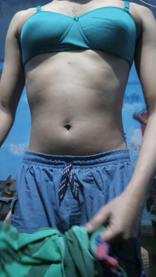 Young Indian Boy with Phimosis Dick Wearing His Step Sister's Bra and Panties