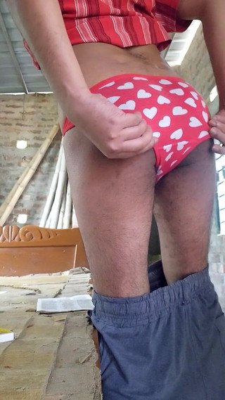 Horny Indian Teen Boy with Phimosis Dick Wearing His Step Sister's Red Panties